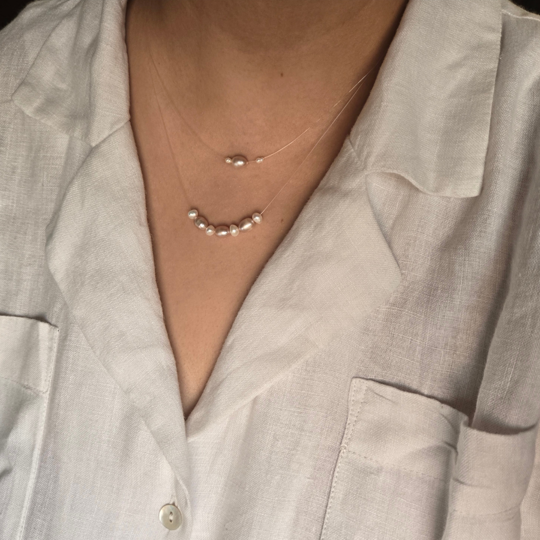 Freshwater Pearls Double Layered Floating Necklace in 925 Sterling Silver.
