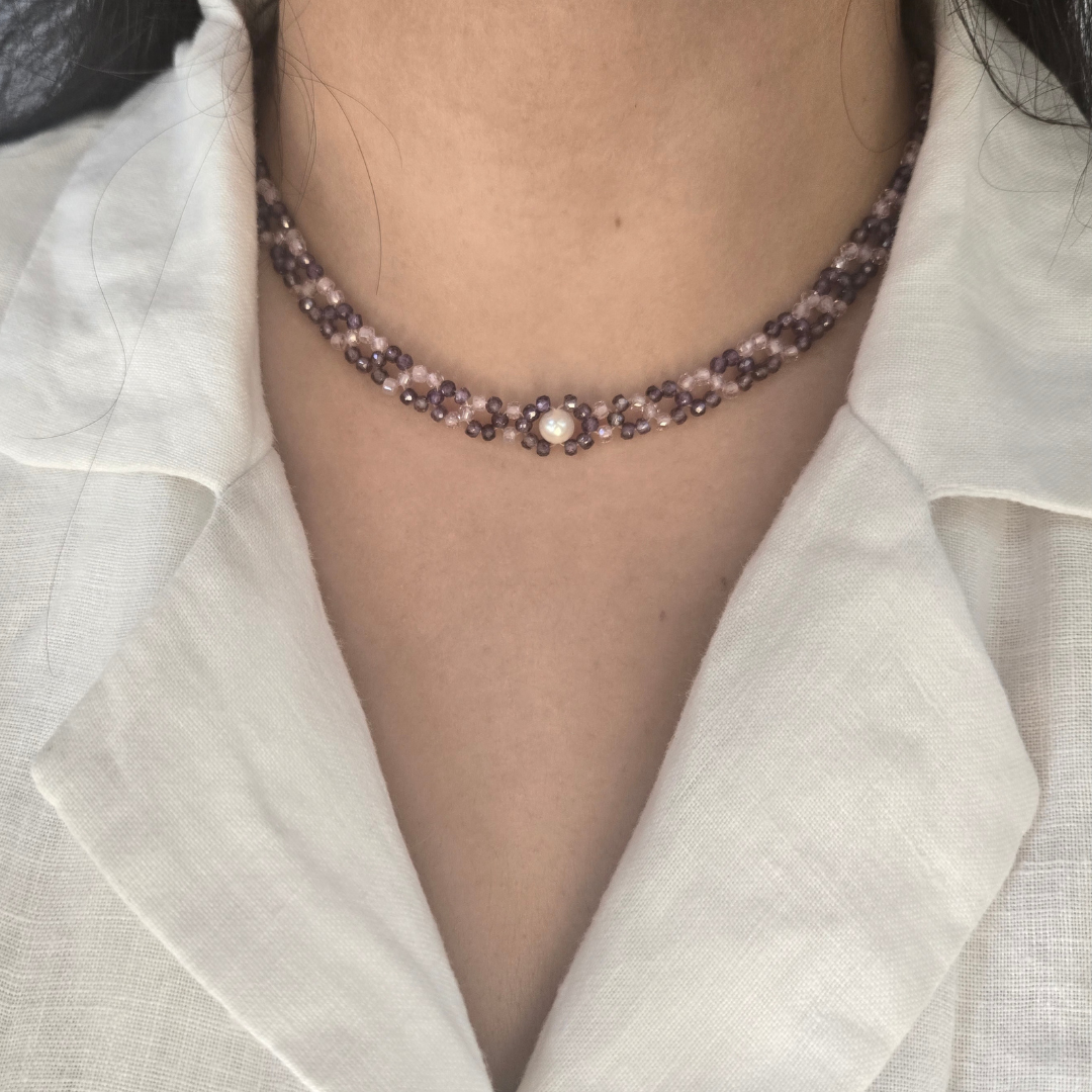 Lavender & Pink Zircon Necklace with Freshwater Pearl and Sterling Silver | Minimal Festive Necklace for Women.