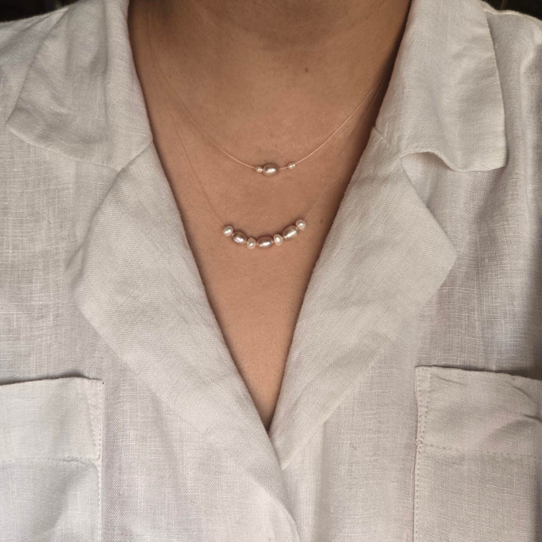 Freshwater Pearls Double Layered Floating Necklace in 925 Sterling Silver.