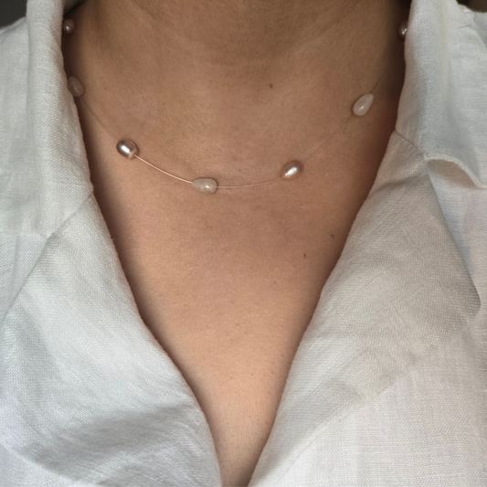 Floating Pearl and Rose Quartz Necklace in 925 Sterling Silver.