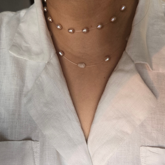 Floating Pearl and Rose Quartz Necklace | Double Layer Illusion Choker in 925 Sterling Silver.