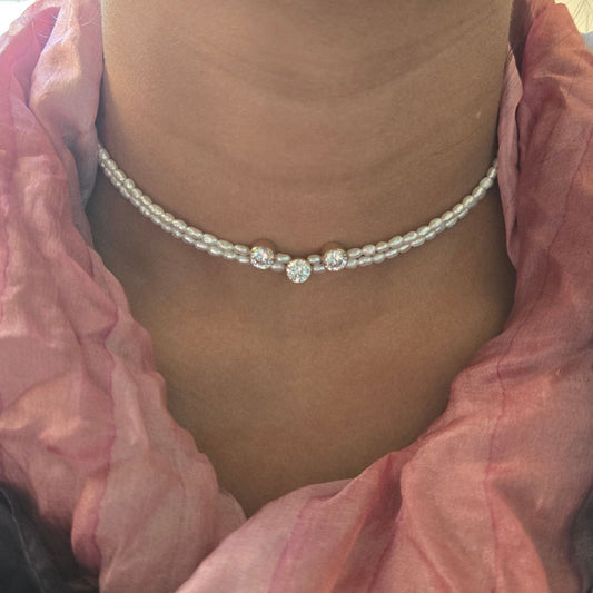 14k Gold Filled Zircon Rice Freshwater Pearl Double Layered Necklace | CHANDRATAAL