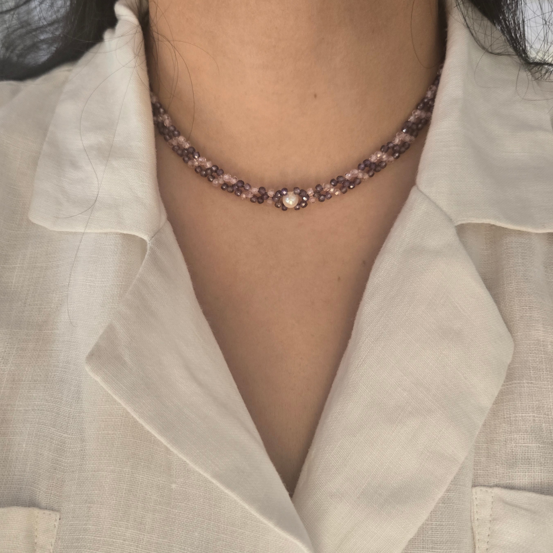 Lavender & Pink Zircon Necklace with Freshwater Pearl and Sterling Silver | Minimal Festive Necklace for Women.