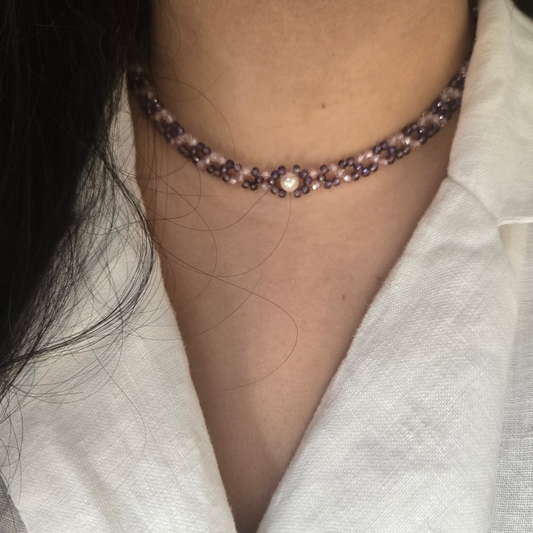 Lavender & Pink Zircon Necklace with Freshwater Pearl and Sterling Silver | Minimal Festive Necklace for Women.