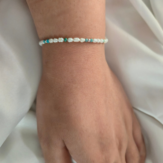 Turquoise and Freshwater Pearl Bracelet in 925 Sterling Silver
