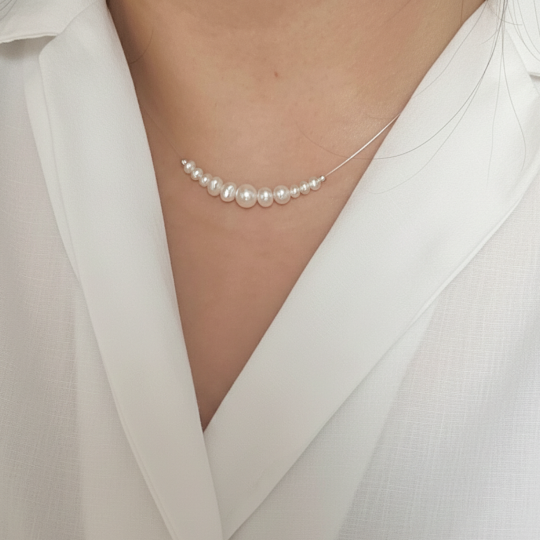 Freshwater Pearl and 925 Sterling Silver Floating Necklace