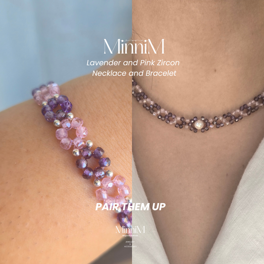 Lavender & Pink Zircon Necklace with Freshwater Pearl and Sterling Silver | Minimal Festive Necklace for Women.