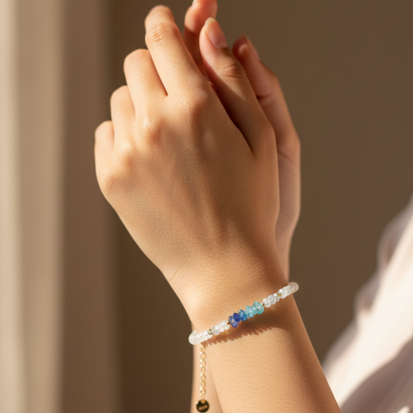 Model wearing a bracelet with colorful aquamarine and moonstone beads