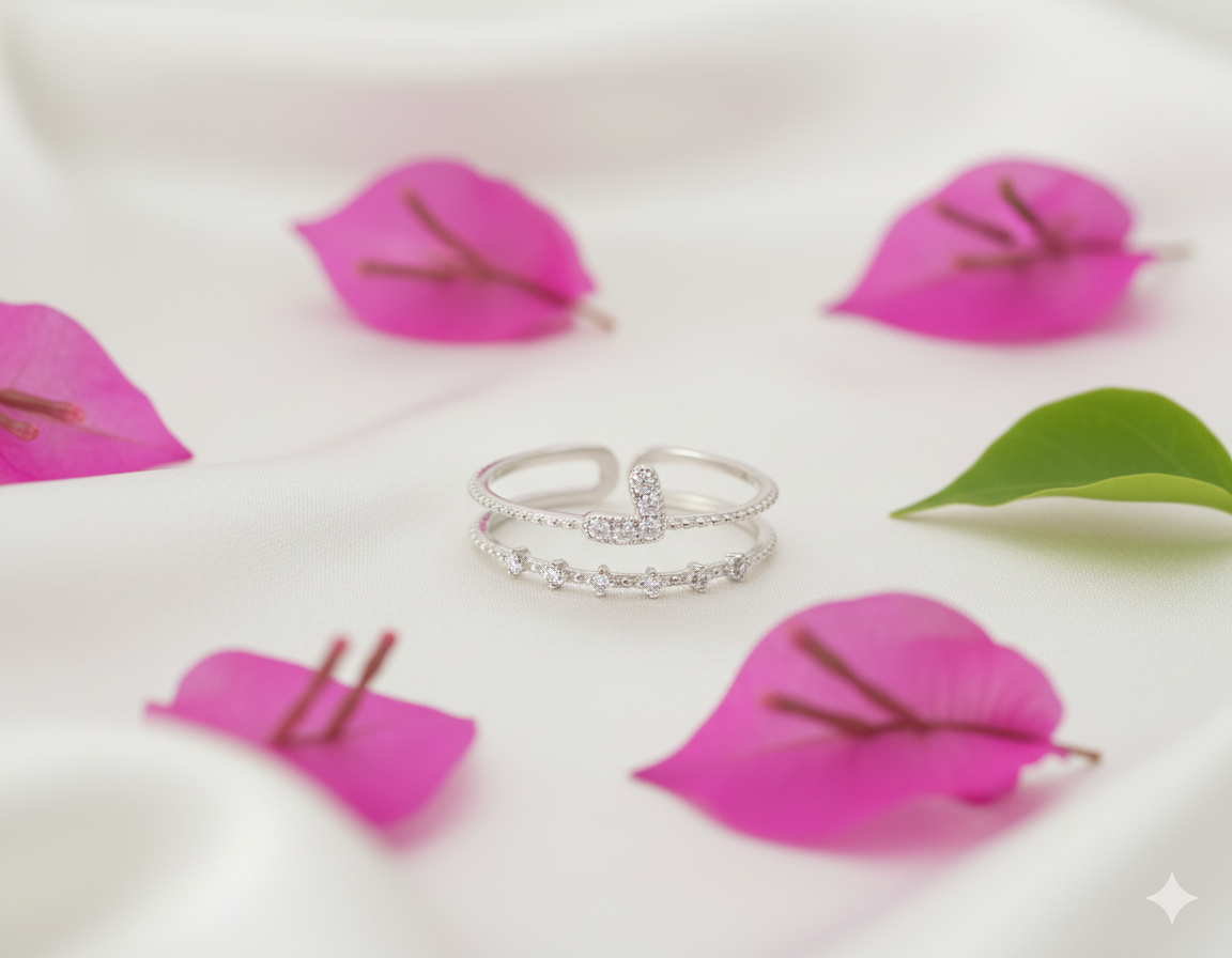 Celestial Double Band Heart Adjustable Ring in 925 Sterling Silver