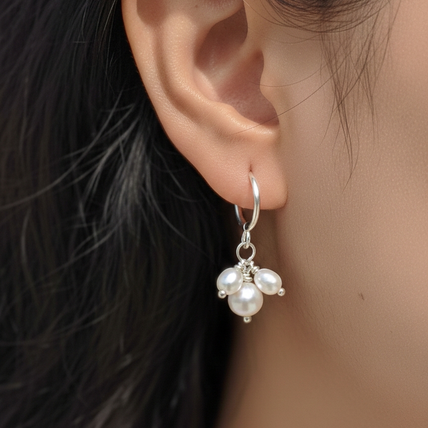 Pearl earring worn on an ear with a blurred background