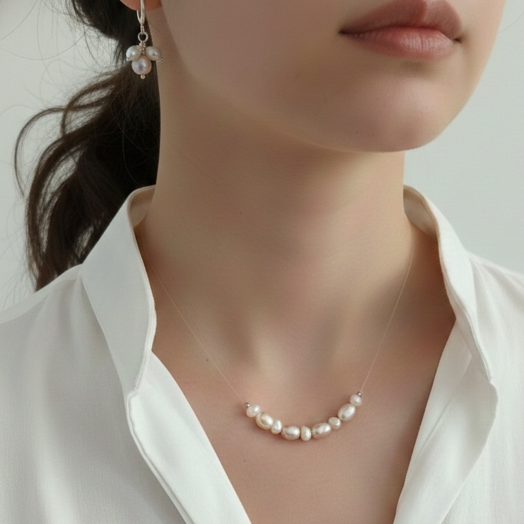 Pearl necklace worn by a person in a white shirt against a neutral background