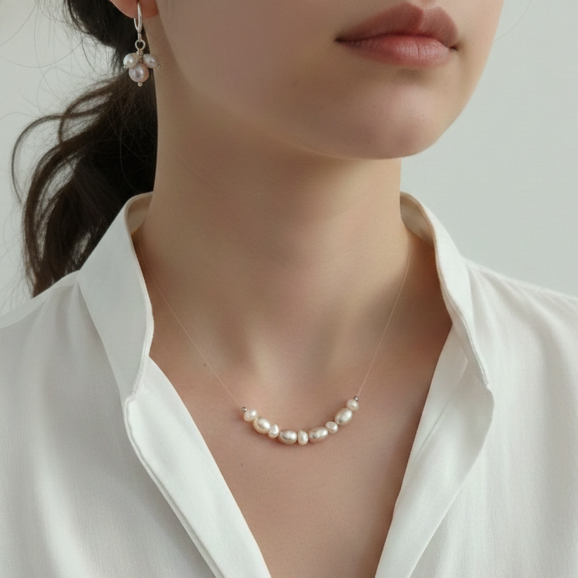 Sterling Silver Pink and White Pearl Hoops | Floating Necklace | Jewellery Set