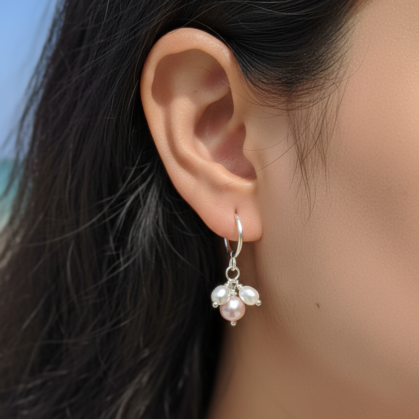 Close-up of an ear wearing a silver earring with pearl-like beads, against a blurred background.