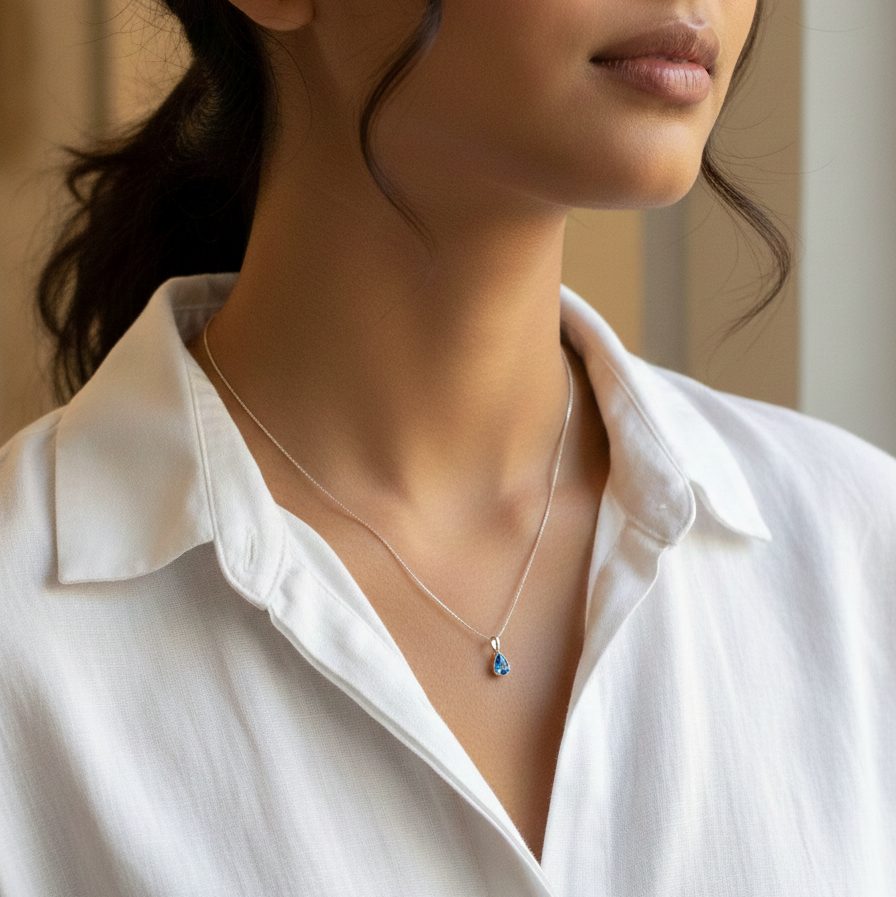 Woman wearing a white shirt with a delicate necklace featuring a blue pendant.