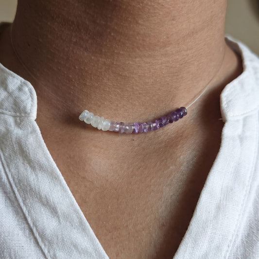 Natural Amethyst and Moonstone Invisible Thread Necklace | Pure Gemstone Jewellery