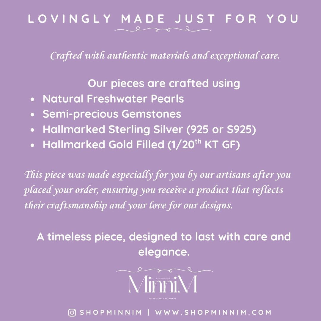 Purple background with white text about jewelry craftsmanship and materials, featuring the brand 'MinniM'.
