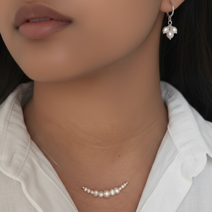 Pearl necklace and earrings on a person wearing a white shirt