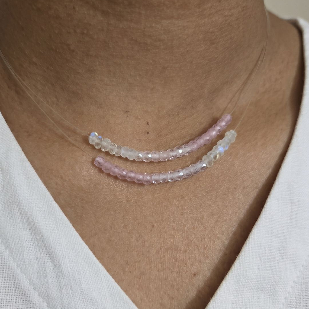 Natural Pink  Zircon and Moonstone Invisible Thread Necklace | Pure Gemstone Jewellery